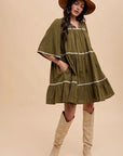 Annie Wear Tassel Contrast Trim Tie Neck Half Sleeve Tiered Dress