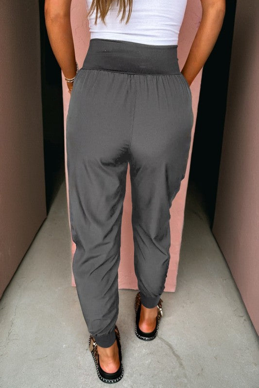 Solid Elastic High Waist Pocketed Cargo Jogger Pan