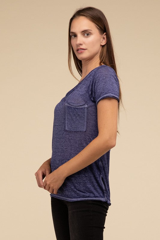 ZENANA Washed Melange Burnout Scoop V-Neck Top