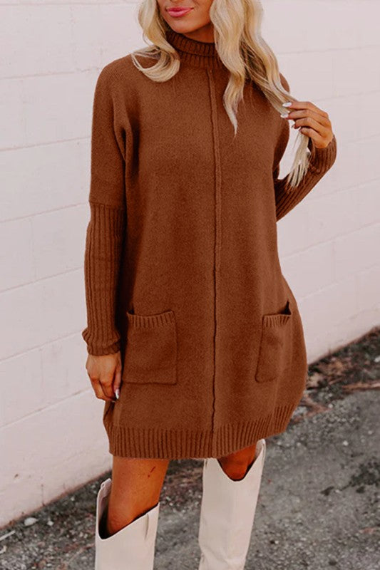 Solid Ribbed Mock Neck Sweater Dress