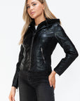 Snobbish Faux Leather Zip Up Drawstring Hooded Jacket