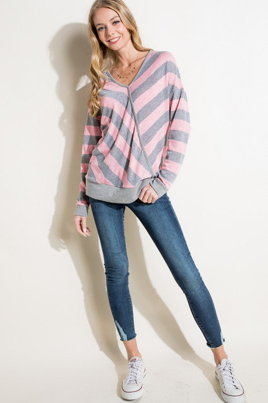 e Luna Hacci Slub Stripe V-Neck Top