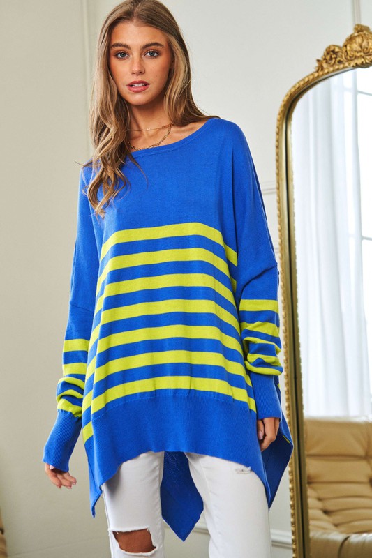 Davi &amp; Dani Multi Striped Elbow Patch Loose Fit Sweater Top