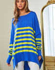 Davi & Dani Multi Striped Elbow Patch Loose Fit Sweater Top