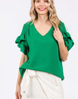 GeeGee Ruffled Short Sleeve V-Neck Blouse