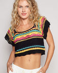 POL Openwork Ethnic Pattern Square Neck Cropped Knit Top