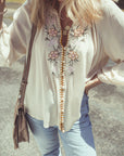 Floral Embroidered Textured Puff Sleeve Shirt