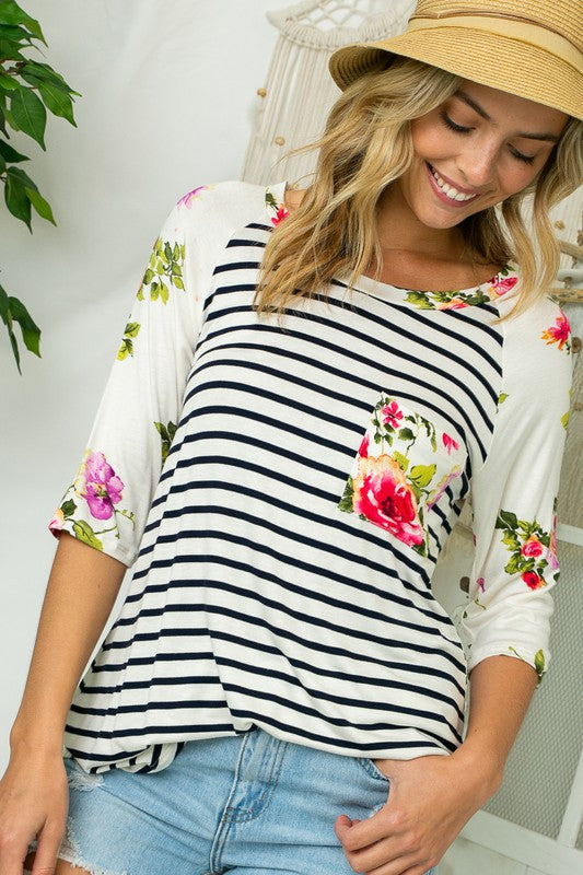 e Luna Striped Floral Print Pocket Top