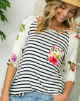 e Luna Striped Floral Print Pocket Top