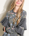 e Luna Floral Mixed Long Sleeve Ruffle Top