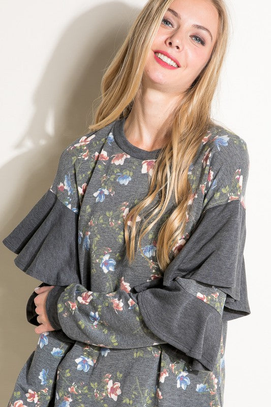 e Luna Floral Mixed Long Sleeve Ruffle Top