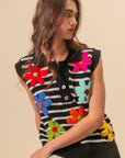 BiBi Flower Patch Striped Half Button Sweater Vest