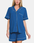 Zenana Button Down Short Sleeve Top and Shorts Lounge Set