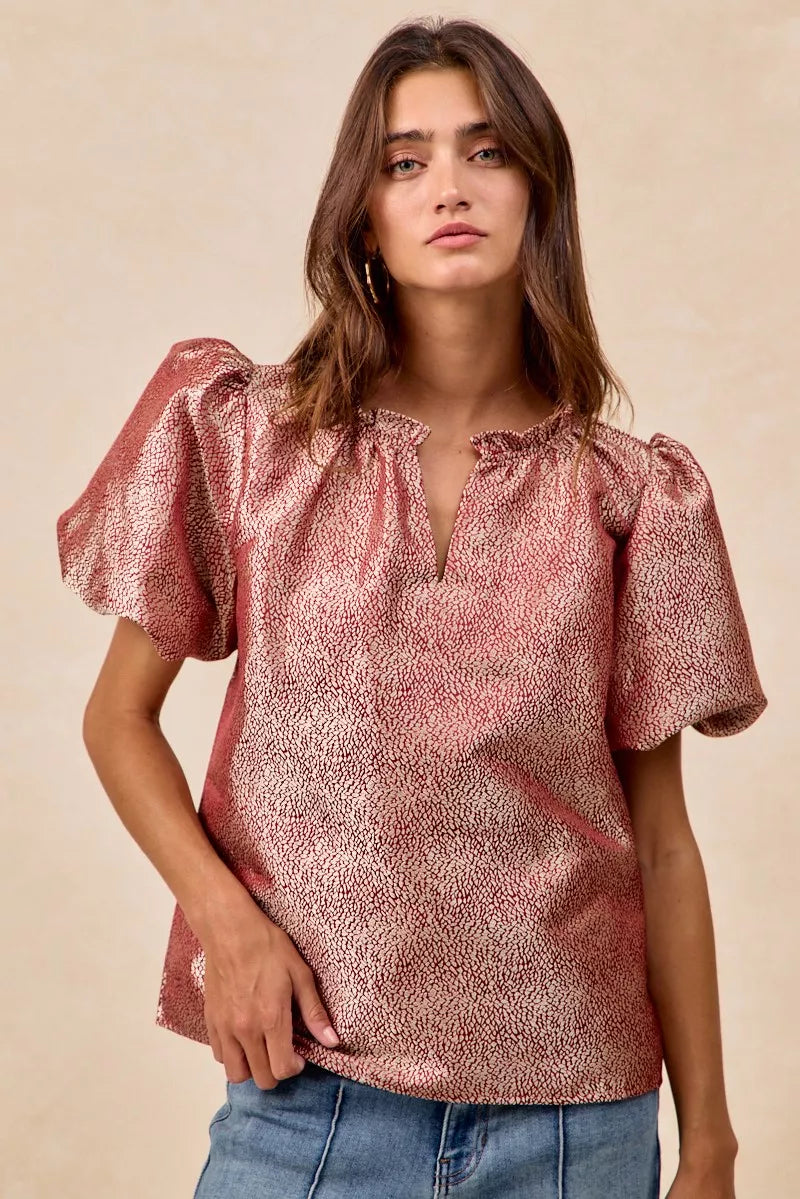 BiBi Jacquard Woven Short Balloon Sleeves V Neck Top