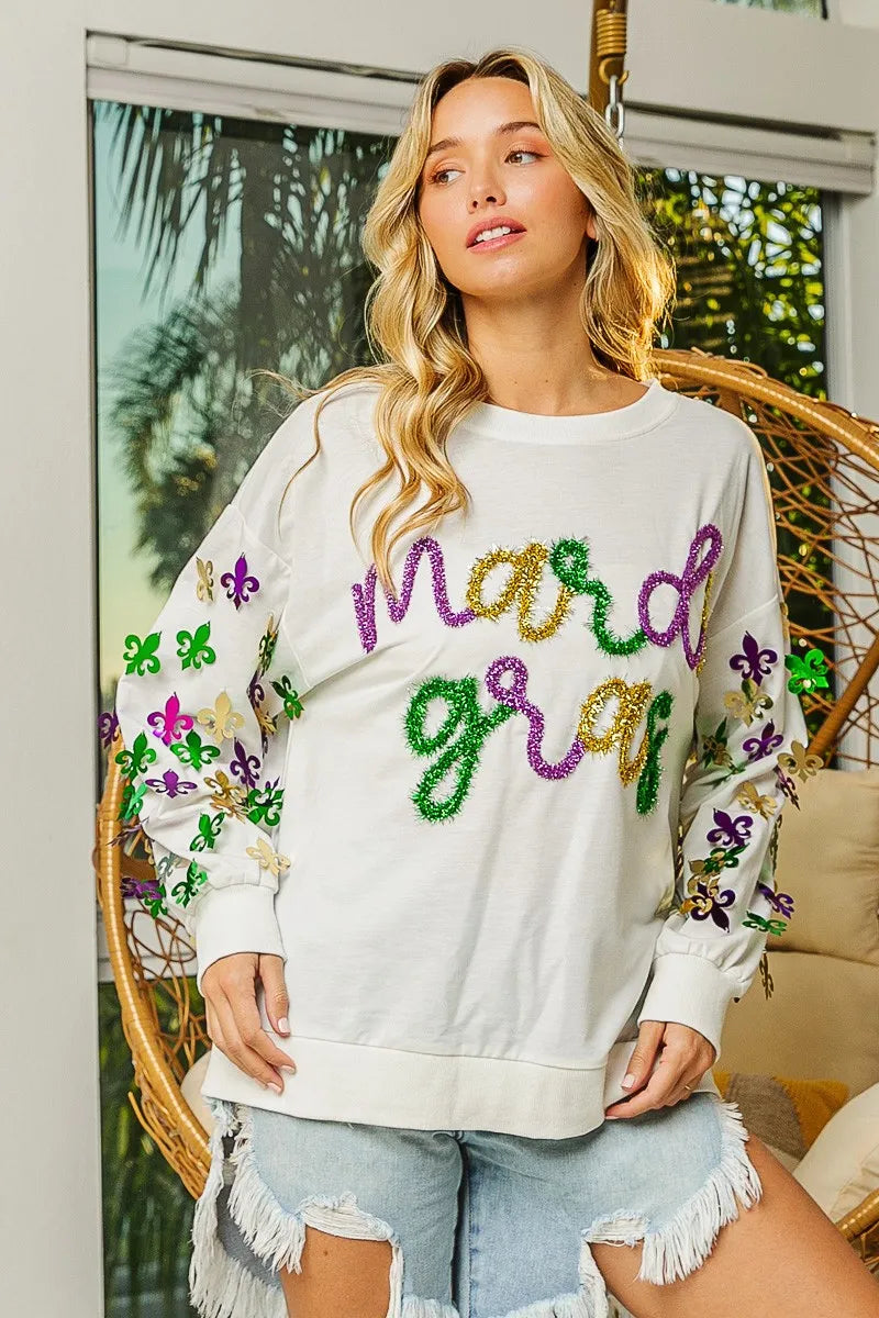 BiBi Fleur De Lis Sleeve Mardi Gras Pullover