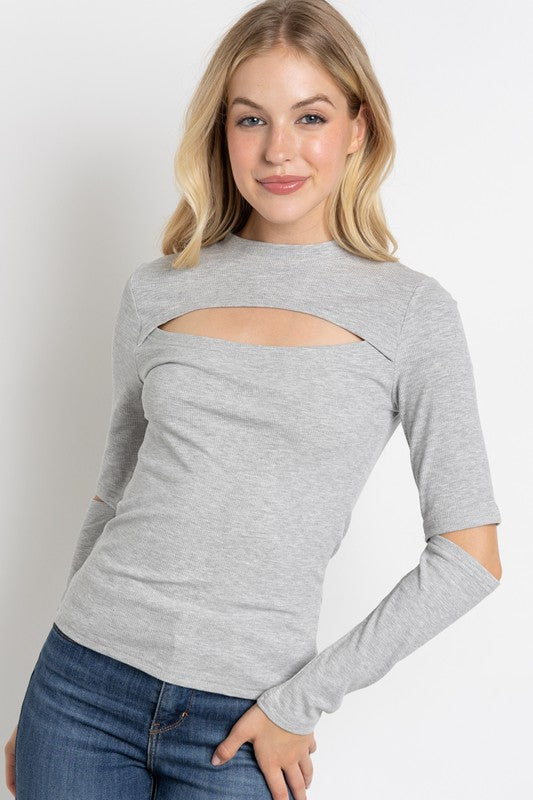 Ribbed Fitted Long Sleeve Top with Chest Cutout