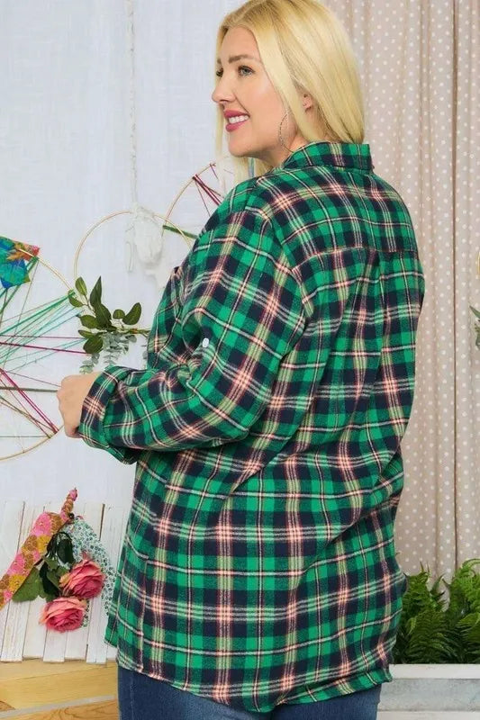 ADORA Full Size Button Down Classic Plaid Shirt W Roll Up Sleeve Plus Size in Green