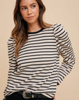 Annie Wear Striped Round Neck Puff Sleeve French Terry Top