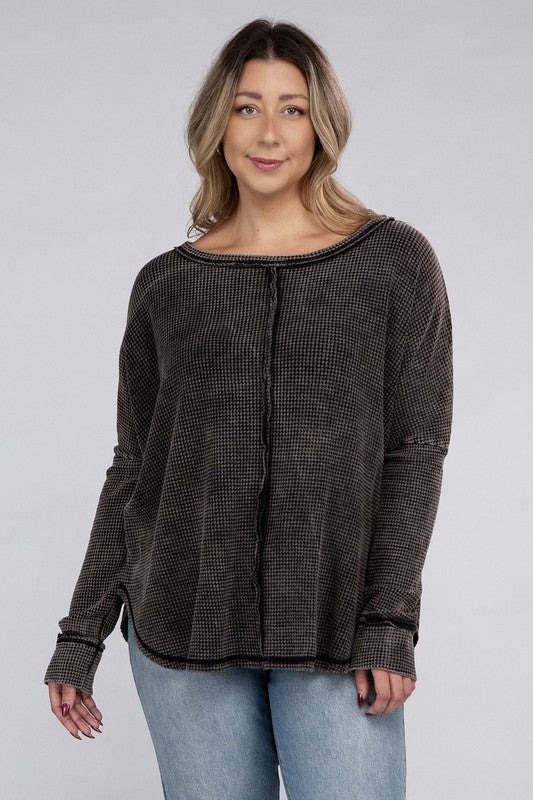 Zenana Plus Washed Baby Waffle Oversized Long Sleeve Top