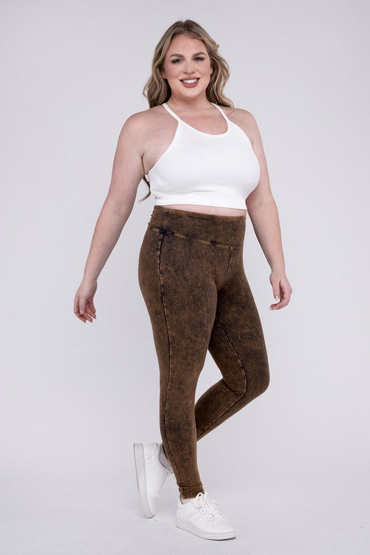 ZENANA Plus Mineral Washed Wide Waistband Yoga Leggings