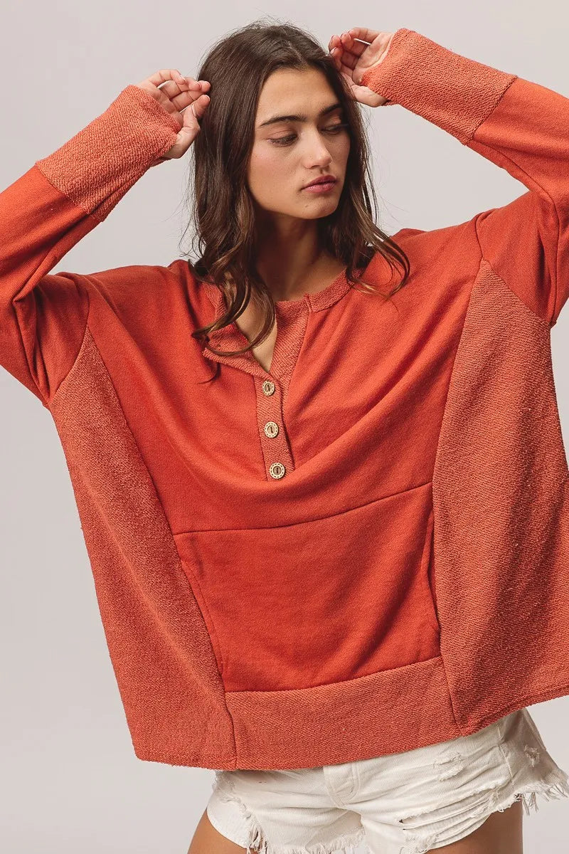 BiBi French Terry Knit Side Block Buttoned Henley Top in Rust