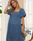 ADORA Square Neck Puff Sleeve Denim Dress