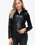 Snobbish Faux Leather Zip Up Drawstring Hooded Jacket