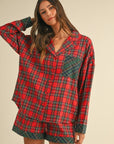 Annie Wear Contrast Plaid Long Sleeve Top and Shorts Set