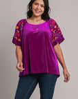 Umgee Full Size Velvet Embroidery Short Sleeve Blouse