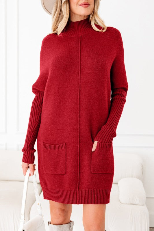 Solid Ribbed Mock Neck Sweater Dress