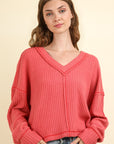 VERY J Exposed Seam V-Neck Ribbed Knit Top