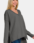 Zenana Texture Exposed Seam V-Neck Long Sleeve T-Shirt