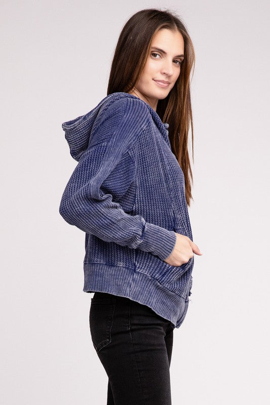 Zenana Acid Wash Cotton Waffle Hooded Zip-Up Jacket