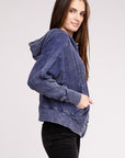 Zenana Acid Wash Cotton Waffle Hooded Zip-Up Jacket