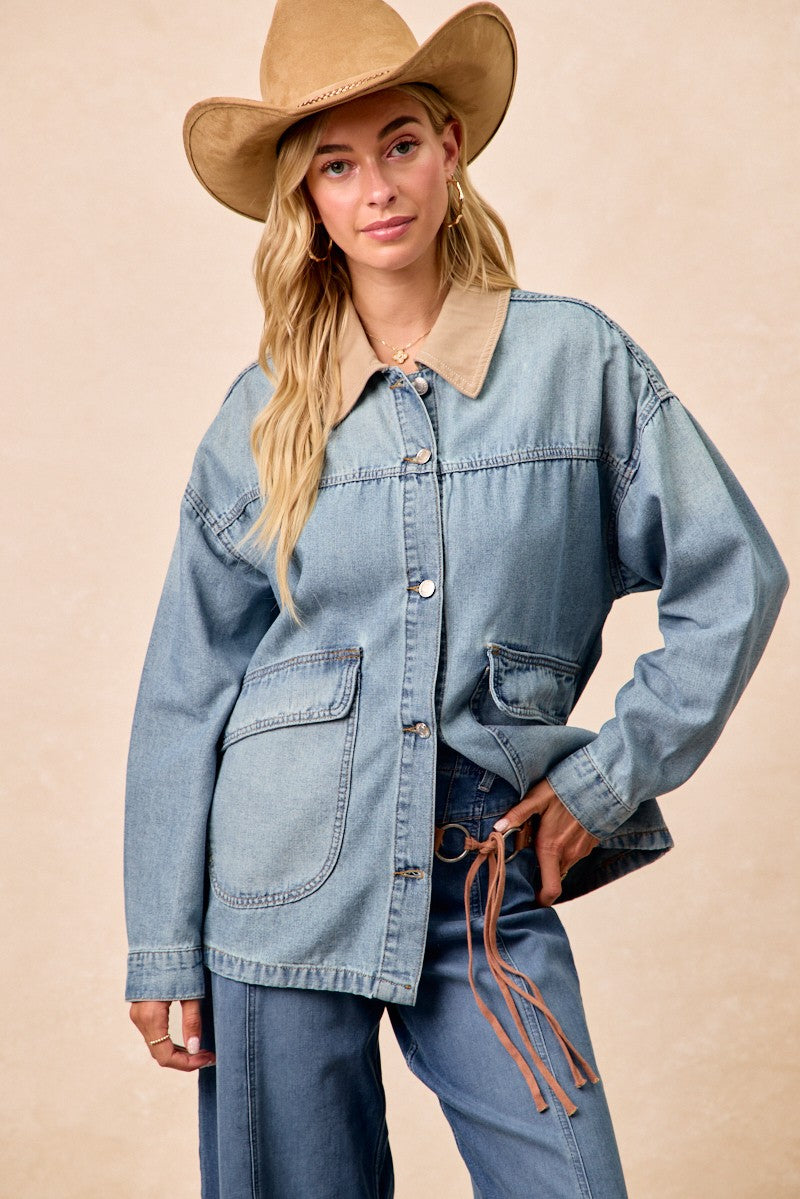 BiBi Washed Denim Contrast Collar Jacket