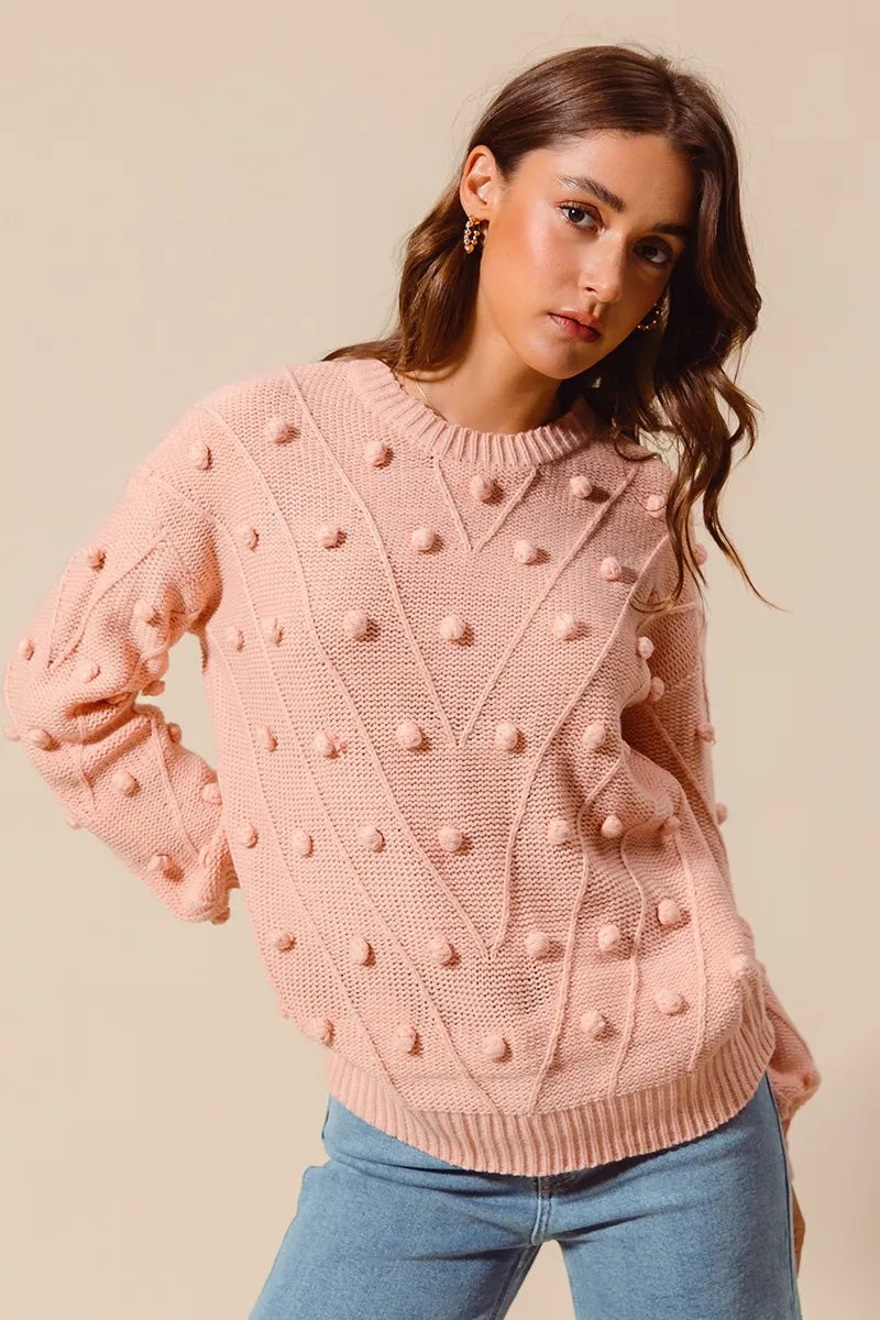SO ME Pom Pom Textured Knit Sweater Top
