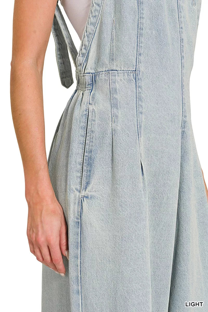 Zenana Denim Light Washed Wide Leg Overalls