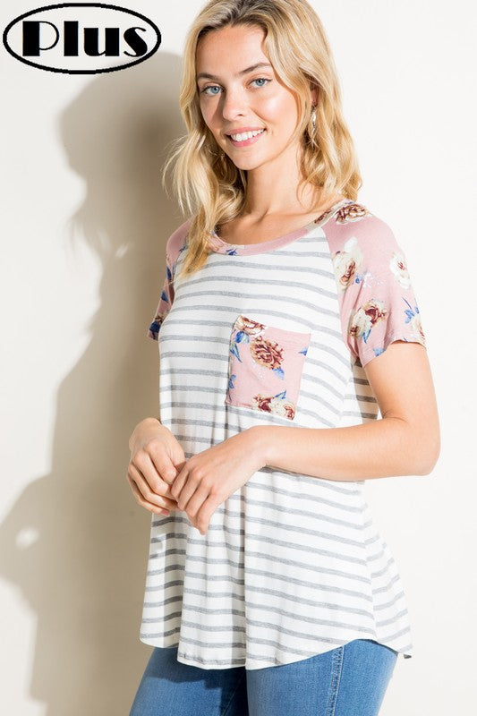 e Luna PLUS Striped Floral Mix Pocket Top