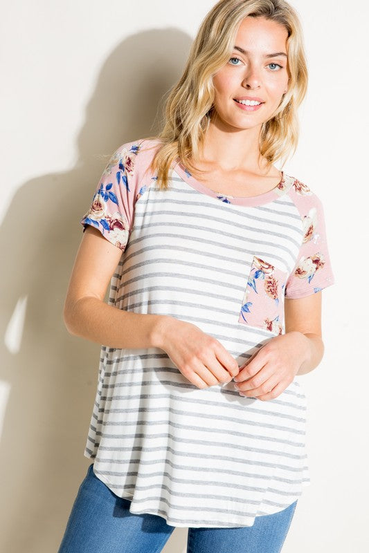 e Luna Striped Floral Mix Pocket Top