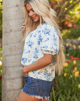 Floral Tiered Puff Sleeve Pleated Bust Buttoned Shirt