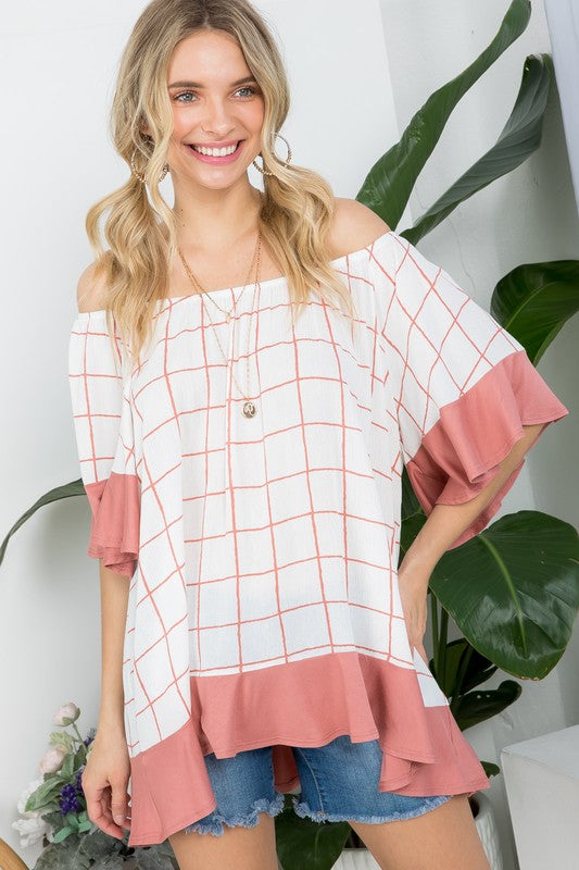 e Luna PLUS Plaid Mix Ruffle Peasant Top