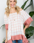 e Luna PLUS Plaid Mix Ruffle Peasant Top