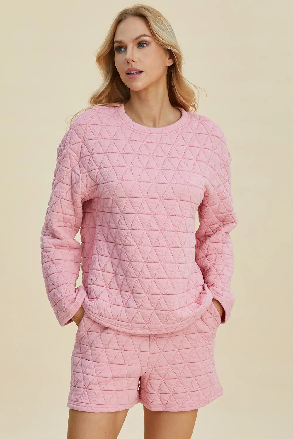 Double Take Textured Long Sleeve Top & Shorts Set