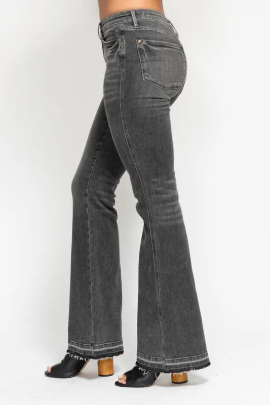 Judy Blue Full Size Midi Rise Tummy Control Washed Gray Release Hem Flare Jeans Plus Size