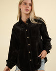 VERY J Mixed Media Button Down Raw Hem Shacket