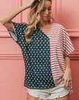 BiBi US Flag Themed Color Block Short Sleeve T-Shirt