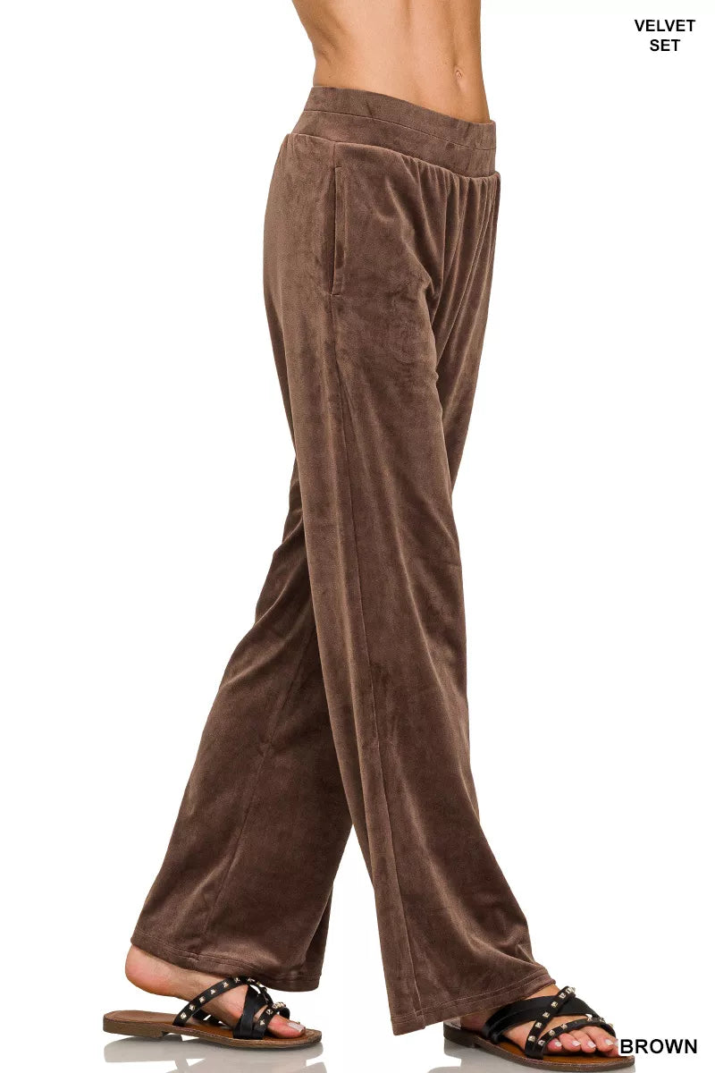 Zenana Velvet Zip Up Hoodie and Pants Set in Brown