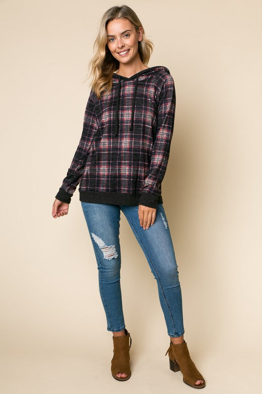 e Luna Plaid Mixed Hoodie Sweatshirt