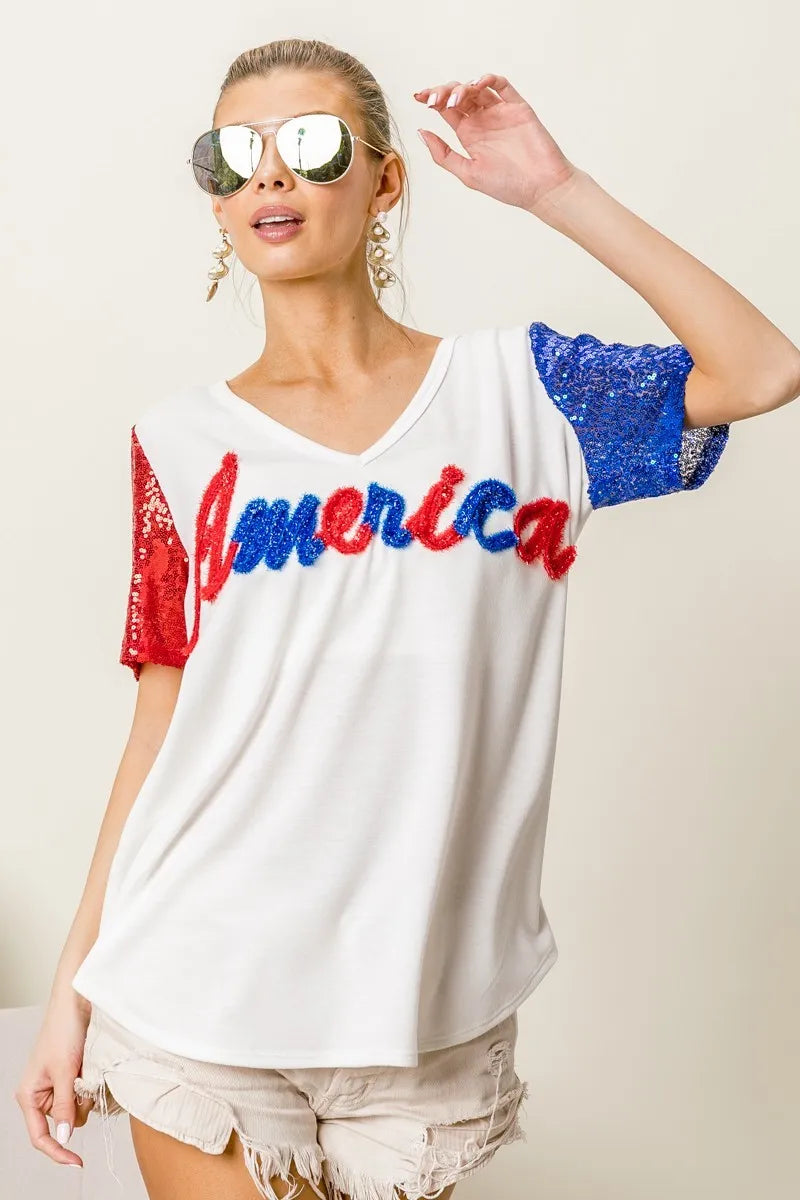 BiBi Metallic Letter V-neck Sequin Sleeves Top in Cream