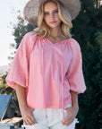 ODDI Full Size Poplin Bubble Sleeve Blouse